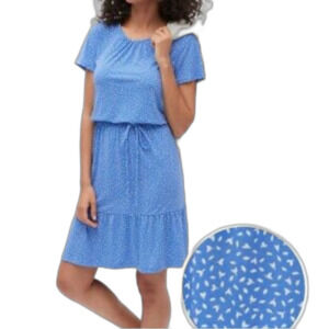 Banana Republic Blue White Leaf Print Flounce SS At Knee Fit & Flare Dress Sz M